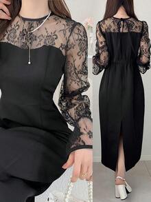 FRIFUL Women's Round Neck Chiffon Mesh Patchwork Bell Sleeve Contrast Color Sweet Casual Party Dress Sundress - Black - View 2