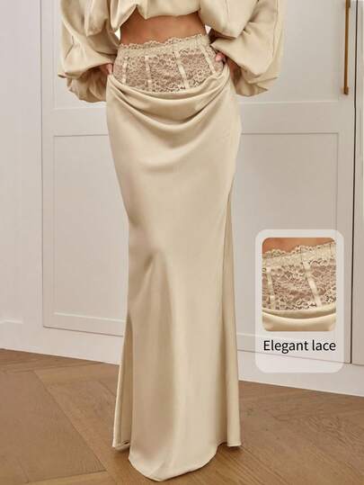 Aloruh Falda elegante de satén y encaje de parche, para uso en fiestas, nueva para otoño/invierno para mujer