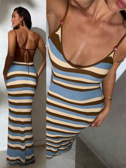 Aloruh Vestido de punto nuevo para primavera/verano de mujer, vestido de ganchillo con cuello halter cruzado y espalda abierta, vestido largo bohemio a rayas, vestido de vacaciones, vestido elegante para mujer