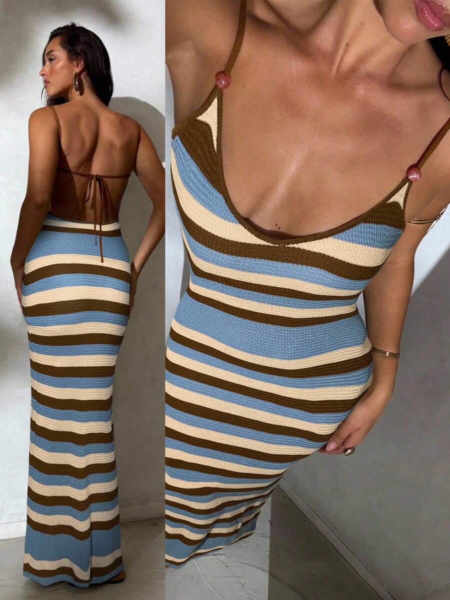 Aloruh 女士春夏新款针织连衣裙，交叉吊带露背钩花连衣裙，波西米亚条纹长裙，度假连衣裙，优雅女士连衣裙