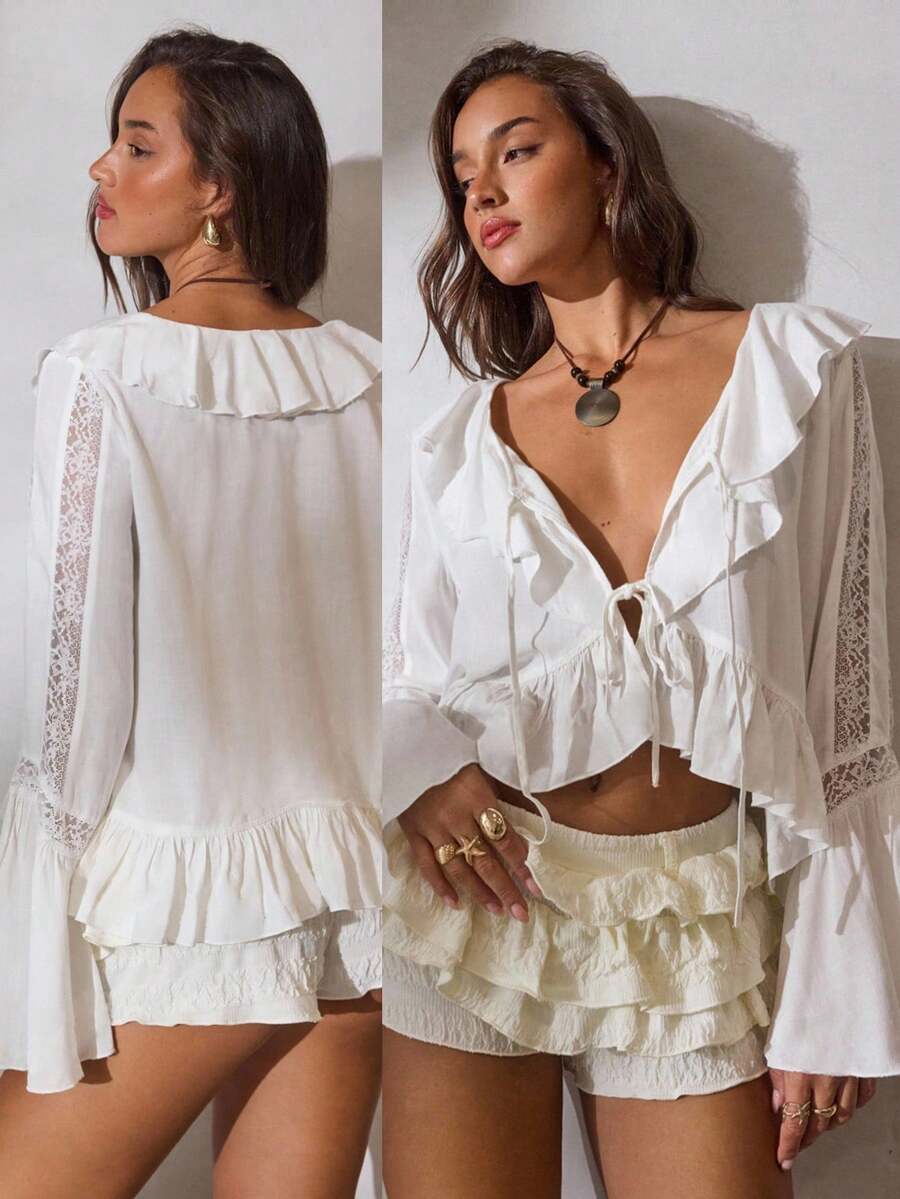 Aloruh 女士春夏新款纯色象牙色亚麻质感天然面料V领荷叶边撞色蕾丝宽松衬衫长款喇叭袖女式衬衫，适合毕业季、返校季、外出等场合，女士露脐上衣，时尚上衣和衬衫。