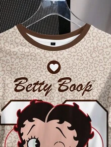 Betty Boop x SHEIN Women's Letter & Leopard Print Short Sleeve Casual T-Shirt, - White - View 5