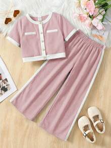SHEIN Serisse Kids 两件套少女休闲正式优雅返校套装，撞色珍珠纽扣衬衫搭配直筒裤，返校季少女装 - 淺粉色 - 查看 9