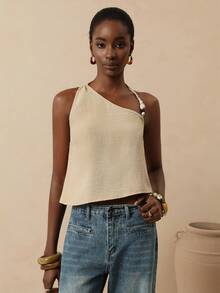 Lyxana Women's Asymmetric Neck Casual Vacation Tank Top - Khaki - View 4