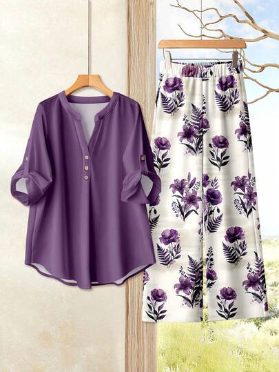 Rusticease 休闲简约度假通勤百搭优雅浪漫复古紫色水彩花卉印花图案，沙滩装，度假装，女士夏季套装，衬衫和裤子