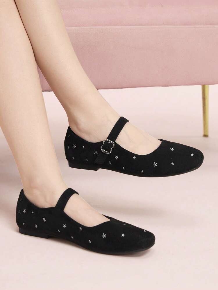 CUCCOO DOLLMOD Women's New Fashion College Wear Black Star Embroidered Flat Sole Shoes Versatile