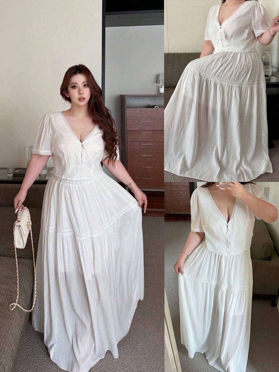 Vibekara Bộ đồ hai mảnh thời trang xuân/hè thanh lịch dành cho kỳ nghỉ hè: Áo cardigan tay phồng cổ chữ V phối bèo nhún, chất liệu chiffon kẻ sọc, kết hợp với chân váy maxi xếp ly, thích hợp cho trang phục đi biển mùa hè. - trắng - Xem 1