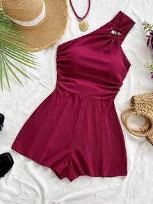 Soleia Plus Size Women Wine Red Beaded Accent Sleeveless Jumpsuit,Summer Outfits For Women,Spring Outfit,Beach Outfits For Women ,Graduation,Vacation Outfits Women. - Burgundy - View 5