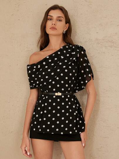 Aveloria Rosie 法式浪漫甜美复古宫廷风黑白波点不对称肩部雪纺上衣，配金属腰带，3D褶皱设计宽松休闲通勤女装