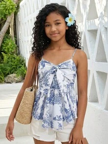 Girlism Tween Girls' Casual Vacation Blue & White Print Ruched Bust Asymmetrical Hem Camisole - Blue and White - View 1