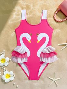 SHEIN 女童撞色荷叶边连体泳衣，适合海滩/度假 - 紅色 - 查看 3