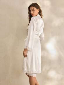 Charlaine Bộ 2 món đồ ngủ liền thân màu trắng phối ren jacquard, cổ chữ V xẻ sâu, kiểu Pháp quyến rũ, lãng mạn dành cho nữ, thích hợp cho mùa cưới. - trắng - Xem 2