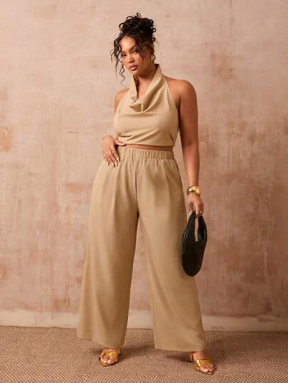 Veslaya 2026 Spring/Summer Plus Size Women's Music Festival, Easter, Boho Style, Birthday Party, Graduation, College Style, Student, Daily Casual, Basic Versatile, Vacation, Cruise Travel, Beach, Sunbathing, Viral, Streetwear, Wedding Guest Bohemian, Commute, Brunch, Airport, Party, Holiday Outing, Elegant Gala, Ball, Leisure, High-End Elegant Black Off-Shoulder Sleeveless Pointed Hem Top And Wide Leg Pants 2-Piece Set