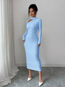 Elenzga Đầm dài dệt kim jacquard màu kem vàng phối cổ cho nữ, thích hợp dự tiệc hoặc các dịp trang trọng, mùa thu. - Màu xanh nhạt - Xem 3