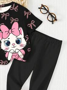 黑色可爱猫咪动物印花休闲舒适柔软圆领宽松短袖T恤和打底裤套装，适合春夏日常、街头风、外出、居家、度假、返校、开学等场合，女童服装 - 彩色 - 查看 6