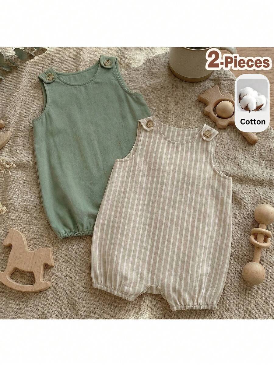 Loomiva Bộ 2 món cho bé trai sơ sinh, áo vest và quần bằng vải voan màu trơn dễ thương, thích hợp cho mùa hè. - Nhiều màu - Xem 1