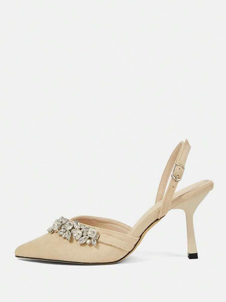 CUCCOO HITCHD Women's Elegant High-Heel Pumps, Pointed Toe With Rhinestone Chain, Khaki Suede, Suitable For Wedding Bride, Bridesmaid, Guest, Party