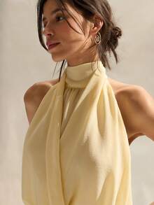 Easelle Women's Pale Yellow,Summer,Seksi Chic,Brunch Backless Halter Top Rivet Decor Casual Versatile Scarf Top Tie Back Open Back Shirts For Women - Yellow - View 4