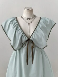 Sunspun 大码女装夏季浅绿色条纹V领荷叶边蝴蝶结连衣裙，复古法式泡泡袖系腰短裙 - 薄荷綠 - 查看 6