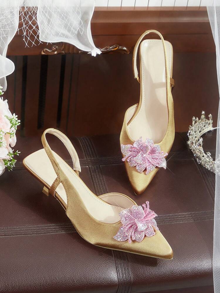 CUCCOO HITCHD Women's Pointed Toe Kitten Heel Rhinestone Floral Champagne Gold Satin Comfortable Elegant Pumps, Suitable For Weddings, Parties, Formal Occasions