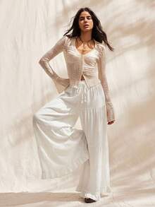 Easelle Women's White Vacation Tie-Waist Ruffle Hem Wide Leg Beach Pants Ruffle Beach Vacation For Women Summer Spring - White - View 1