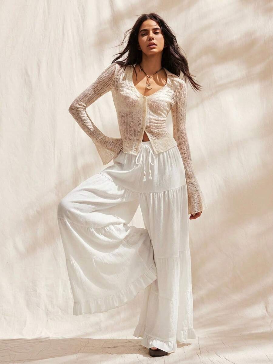 Easelle Women's White Vacation Tie-Waist Ruffle Hem Wide Leg Beach Pants Ruffle Beach Vacation For Women Summer Spring - White - View 1