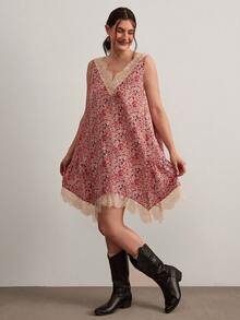 Freevana Vestido sin mangas con parches de encaje y estampado floral diminuto de talla grande - Multicolor - Ver 5