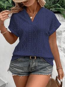 EMERY ROSE New Navy Blue Jacquard V-Neck Plus Size T-Shirt For Summer - Blue - View 6