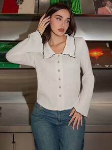 Bris Aura 女式休闲长袖单排扣有领开衫，秋季 - 白色 - 查看 1