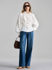 Ontre 2026SS New Women's Shirt, Fitted Silhouette, Embroidered Fabric, Dropped Shoulder, Long Sleeve, Small V-Neck, Modern Elegant Wedding Guest Outfit, Minimalist Romantic French Luxury Feel, Urban Chic Business Casual Office Wear, Low-Key Old Money Vibe, High-End Airport, Cruise Ship, Middle East Essential, High-Quality 4-Season Versatile Wedding Series Dress Puff Sleeve Blouse Sheer Blouse - White - View 4