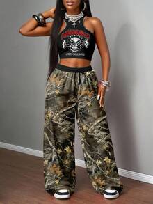 Slaydiva Women's Casual Street Style Tight Fitted Graphic Tee And Loose Leaf & Branch Print Pants 2-Piece Set, Suitable For Street Wear - Multicolor - View 3