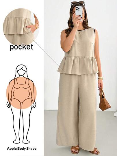 Shapeblank Plus-Size Women's Spring/Summer Fashion Casual Loose Comfortable Cool Everyday Basic Versatile Slimming Apricot Ruffled Top And Khaki Wide-Leg Pants Two Pieces Set,Summer Clothes,Vacation Outfits Women ,Pants Set,Simple Style Plus Size Pants Suit Women Plus Clothing Jumpsuit Plus Size Jumpsuits Elegant