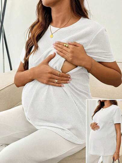 SHEIN Pregnant Women's Solid Color Round Neck Casual Breastfeeding Functional Short Sleeve Top, Versatile For Daily Wear