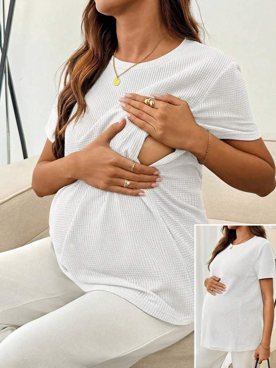 SHEIN Pregnant Women's Solid Color Round Neck Casual Breastfeeding Functional Short Sleeve Top, Versatile For Daily Wear - White - View 1
