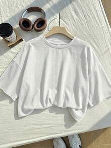 SHEIN EZwear Áo thun tay ngắn cổ tròn dáng suông, thích hợp cho mùa hè. - trắng - Xem 5