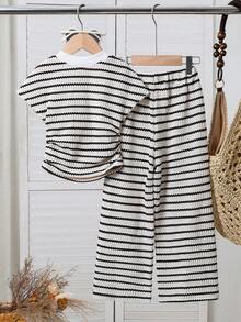 Emery Rose Kids 小女孩条纹蝴蝶结印花荷叶边T恤搭配阔腿裤休闲日常穿搭 - 彩色 - 查看 10