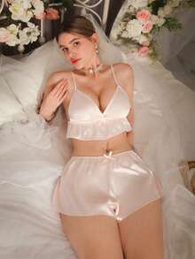 迷人公主蕾丝浪漫优雅公主粉色缎面女士睡衣套装 - 粉色 - 查看 5