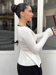 Marta Soriano 性感修身时尚女式撞色滚边长袖收腰针织上衣 - 彩色 - 查看 2