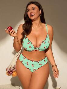 SHEIN Swim Mod Plus Size Women 2pcs/Set Random Print Padded Tankini Swimsuit Set - Olive Green - View 5
