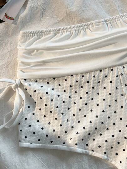 Elamini Women's Casual Shorts, Bow Tie Waist Super Shorts, Patchwork Polka Dot Embroidered Sequin