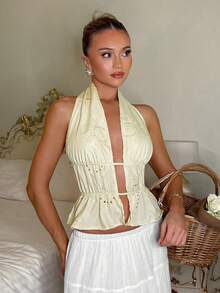 Glamine Charm Fashionable Vacation Sexy Yellow Hollow Embroidery Backless Halter Shirt - Yellow - View 4