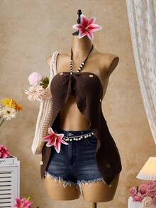 Femesol Women's Solid Color Sequin Beaded Halter Backless Sexy Versatile Date Night Knit Top - Brown - View 2