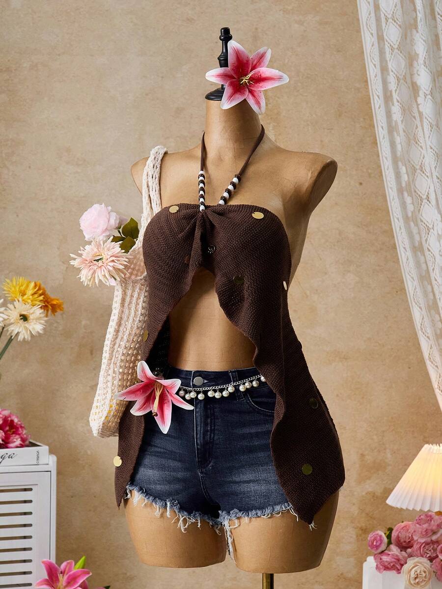 Femesol Women's Solid Color Sequin Beaded Halter Backless Sexy Versatile Date Night Knit Top