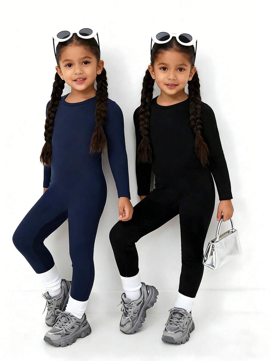 2pcs/Set Girls' Autumn/Winter Navy Snug Fit Warm Solid Color Jumpsuit,Soft Material Comfortable Wear,Suitable For Home Wear,Fit For Spring,Autumn - Multicolor - View 1