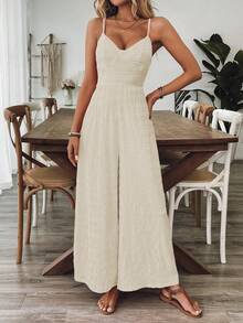 Breezaya Jumpsuit Wanita Model V-Neck Tanpa Punggung dengan Tali Pita, Merah Mawar, Musim Semi/Panas - Aprikot - View 7