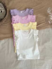 SHEIN LMoss Kids 4件套女童纯色圆领荷叶边修身T恤套装 - 彩色 - 查看 4
