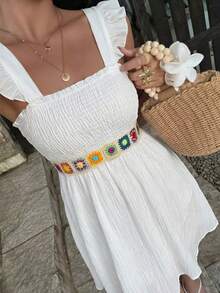 Teen Girl Beach Vacation Style White Square Collar Colorful Ruffle Splice Cap Sleeve Waist Cinched A-Line Dress, Suitable For Holiday Wear - White - View 5