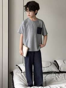 Dazy Kids Tween Boy Plaid Short Sleeve Top And Pants Pajama Set - Grey - View 1