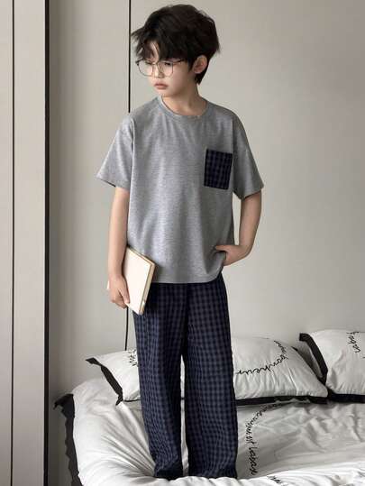Dazy Kids Conjunto de pijama de pantalón y top de manga corta a cuadros para niño preadolescente