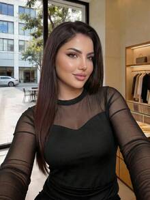 Auveirra Plus Size Fashionable Commuter Mesh Patchwork Fitted Long Sleeve T-Shirt Elegant Women's Blouses Summer Tops Party Top Elegant Blouses For Ladies Summer Clothes Valentine Clothes  Valentine's Day Valentine Outfits For Women Black Top - Black - View 4
